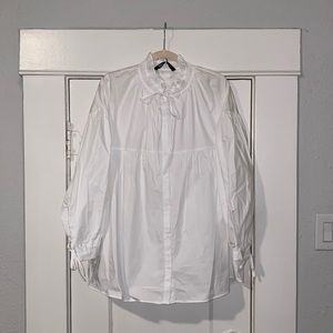 Brand NWT White Zara Poplin Button Down w/ Ruffle Tie Neck gathered Tie Sleeves